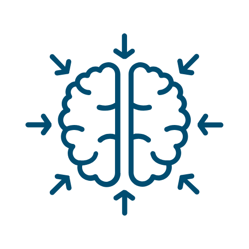 a blue icon showing a brain with arrows pointing inwards from all angles