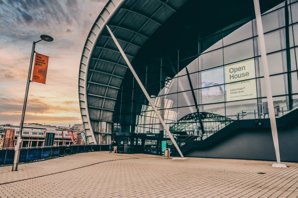 The exterior of The Glasshouse International Centre for Music, photo by TyneSight Photographic Services.