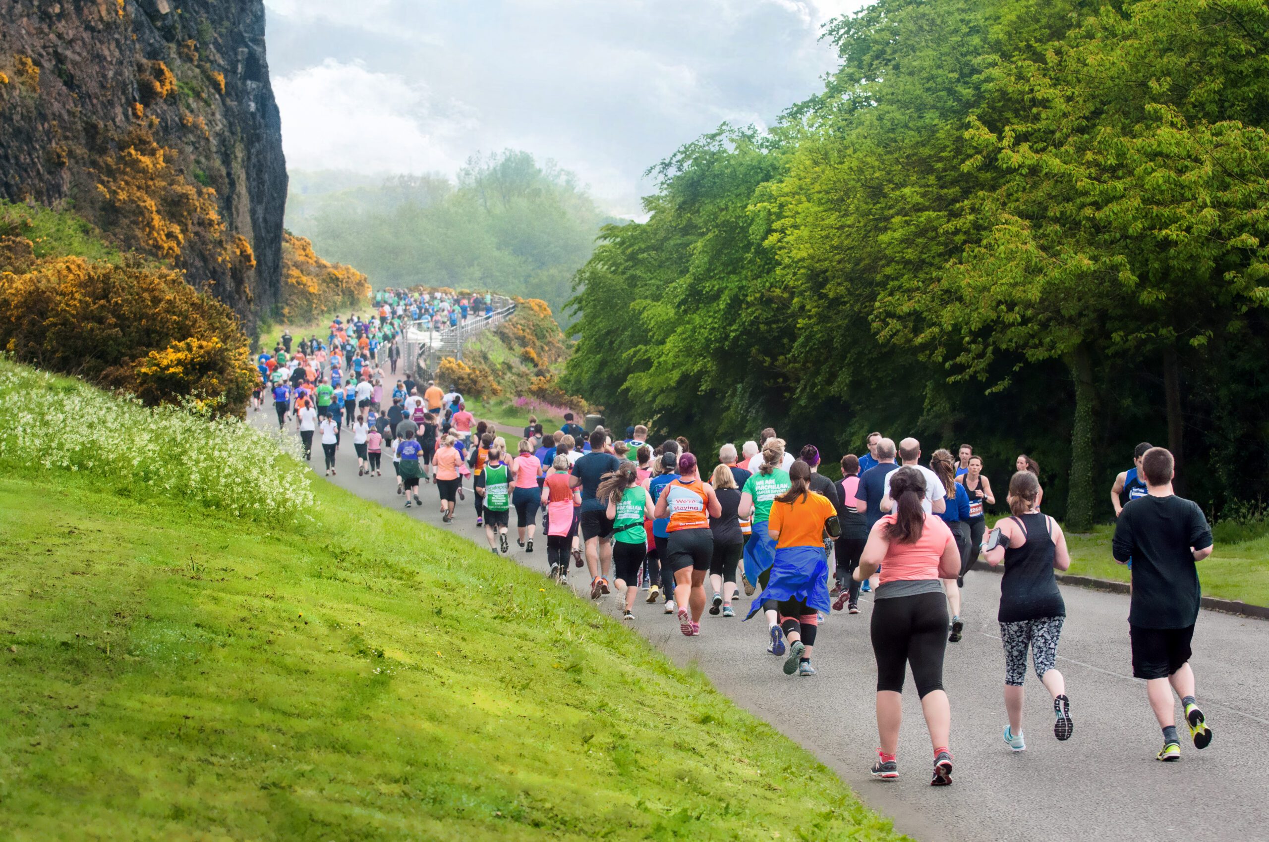 Runners winding between green trees and hillside during an event