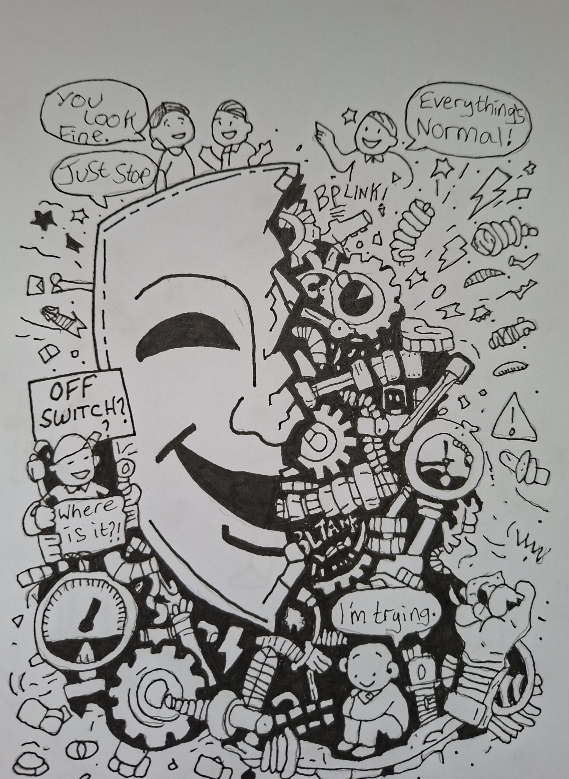 Artwork by CC of a broken mask, with cogs and machinery flying out of one half as pressure builds up.